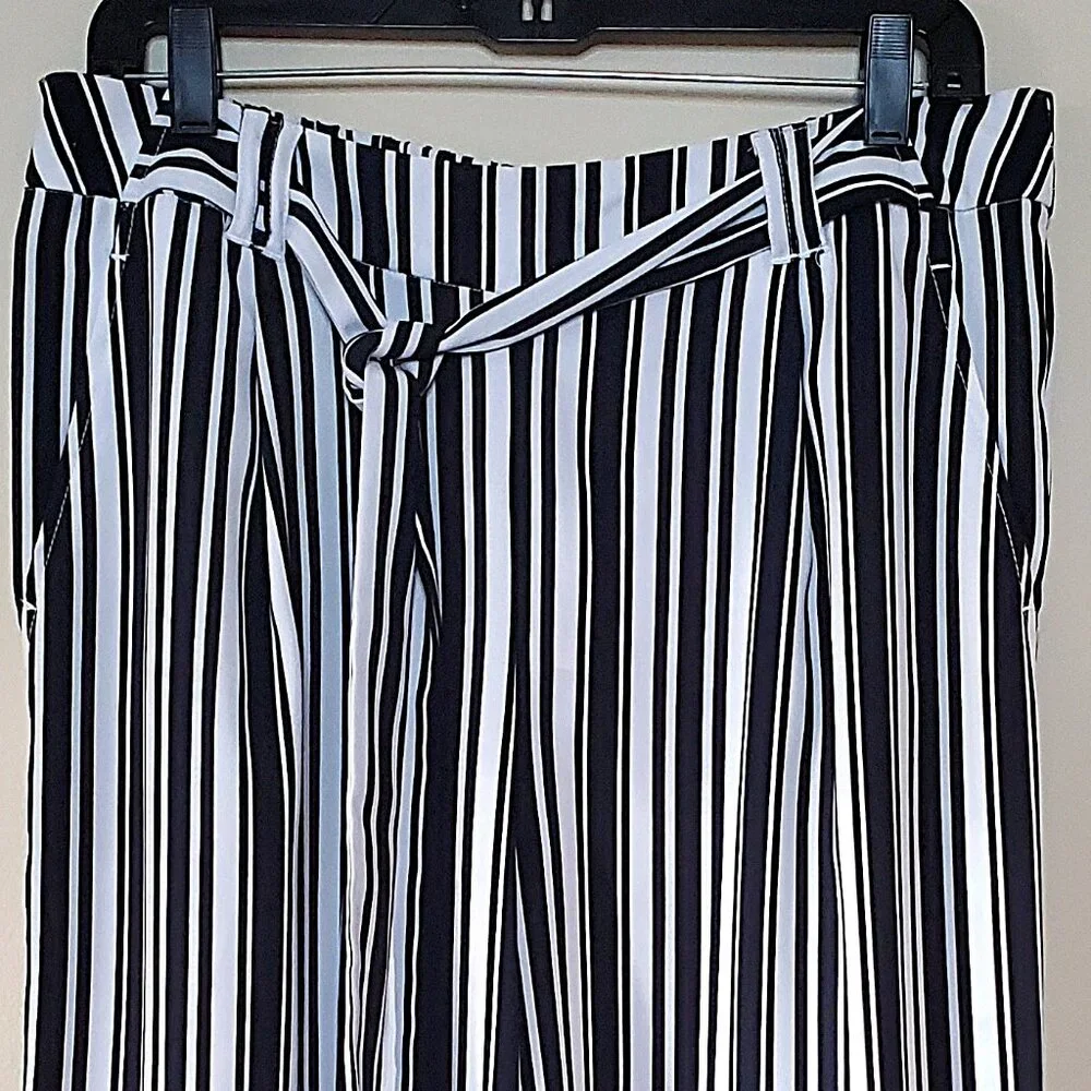 Cato Navy/White Striped High Rise Belted Wide Leg Pants SZ L - Picture 6 of 10